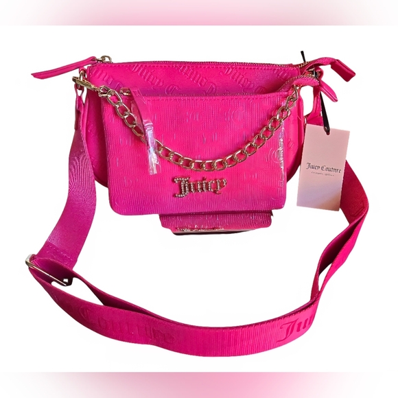 Juicy Couture Handbags - Juicy Couture Hot Pink "Double Trouble" Crossbody Bag with Chain Accent